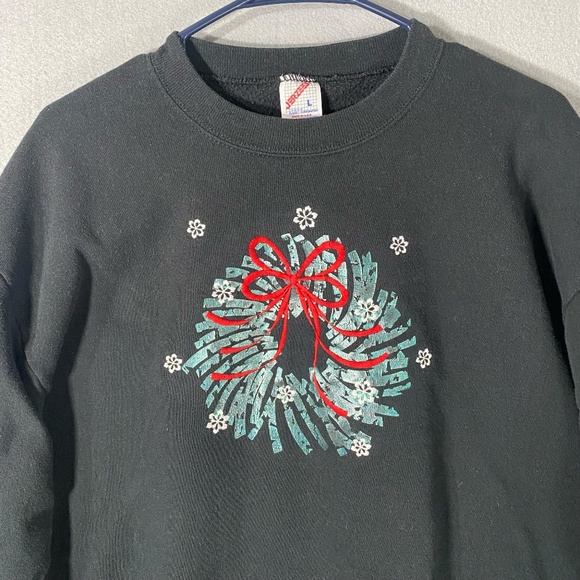 Vintage Jerzees Holiday Christmas Wreath Sweatshirt Black Green USA Size Large - Picture 2 of 8
